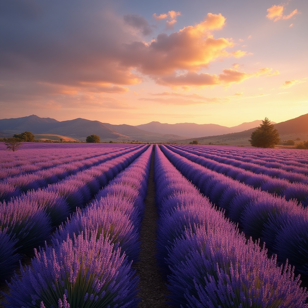Champ de lavande en Provence au coucher du soleil